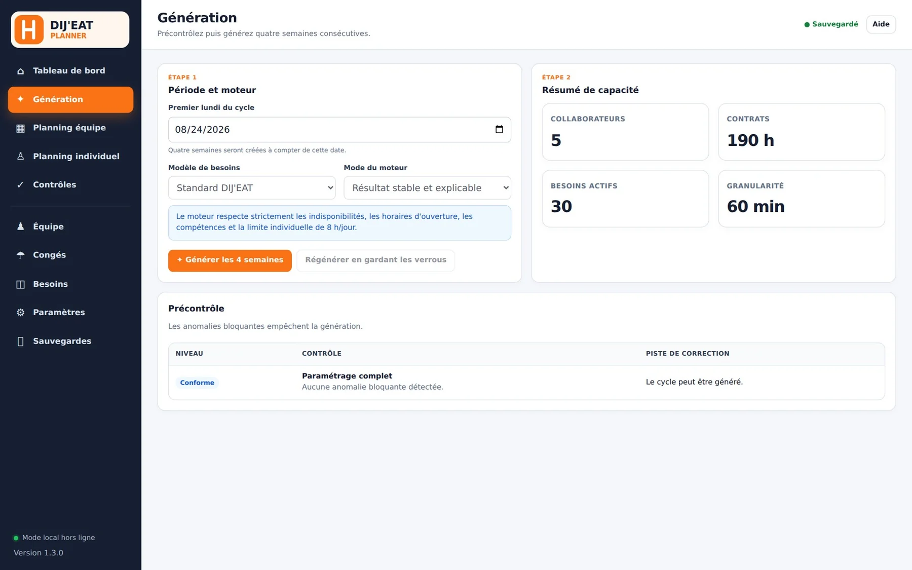 Écran de génération de DIJ'EAT Planner