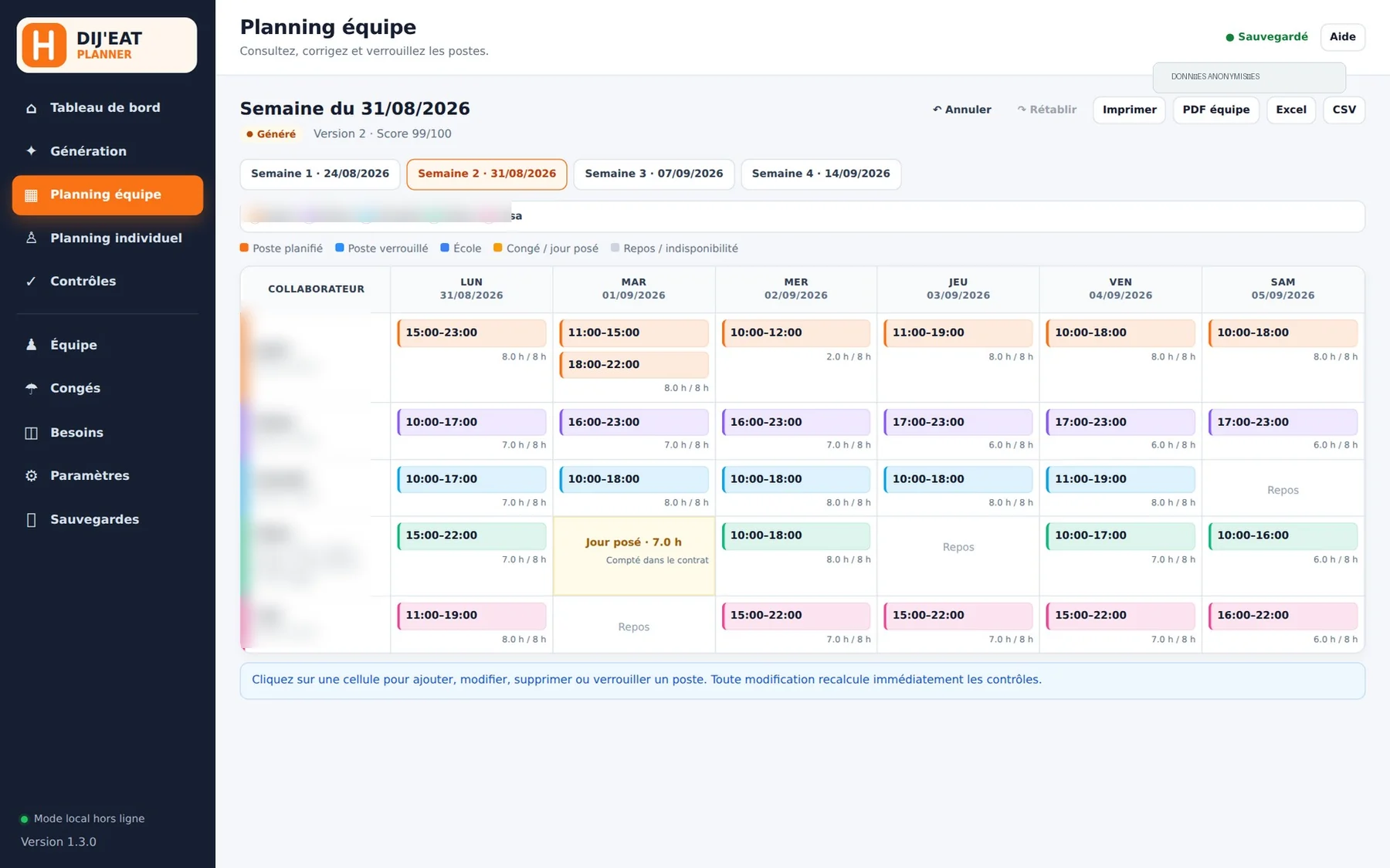 Planning équipe de DIJ’EAT Planner